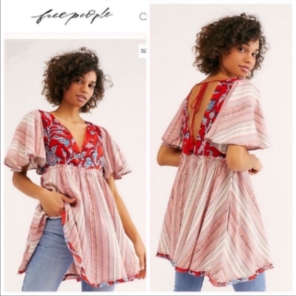 NWT-Free People Boho Mixed Print Deep-V Open Tie Back Tunic Dress